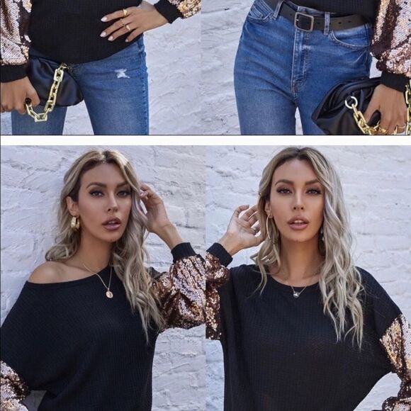 5 🌟 Rated Waffle Shirt with Gold Sequined Sleeves, Rounded Hem - Picture 6 of 13